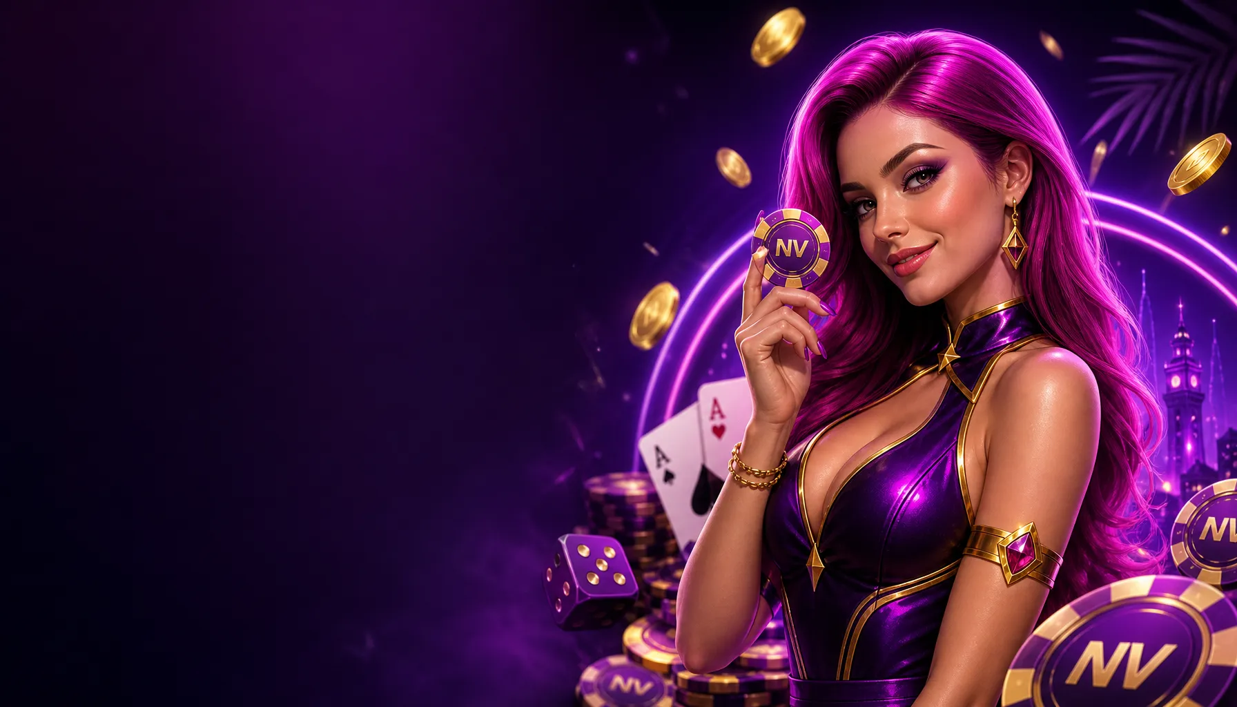 Glossy CGI casino hostess with pink hair, glamorous outfit, floating chips on dark gradient background.